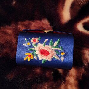 Royal Blue Satin lipstick case with mirror Length-4.5 in. width-3.5 in.